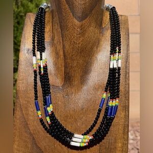Sterling Silver Multi Strand Stone Black Onyx Bead Necklace. 22 Inch